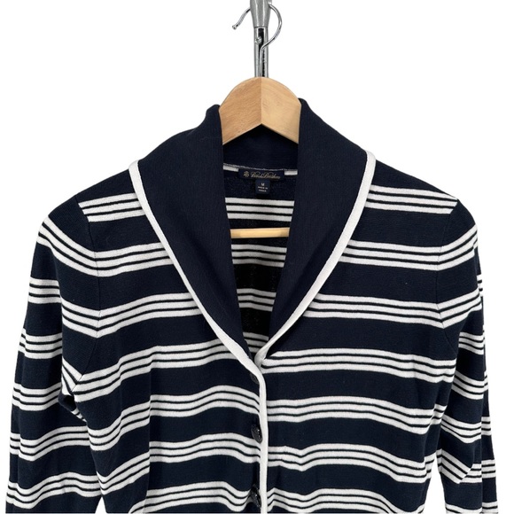 Brooks Brothers Navy White Striped Button Front Cardigan Sweater Pockets size M - Picture 2 of 11